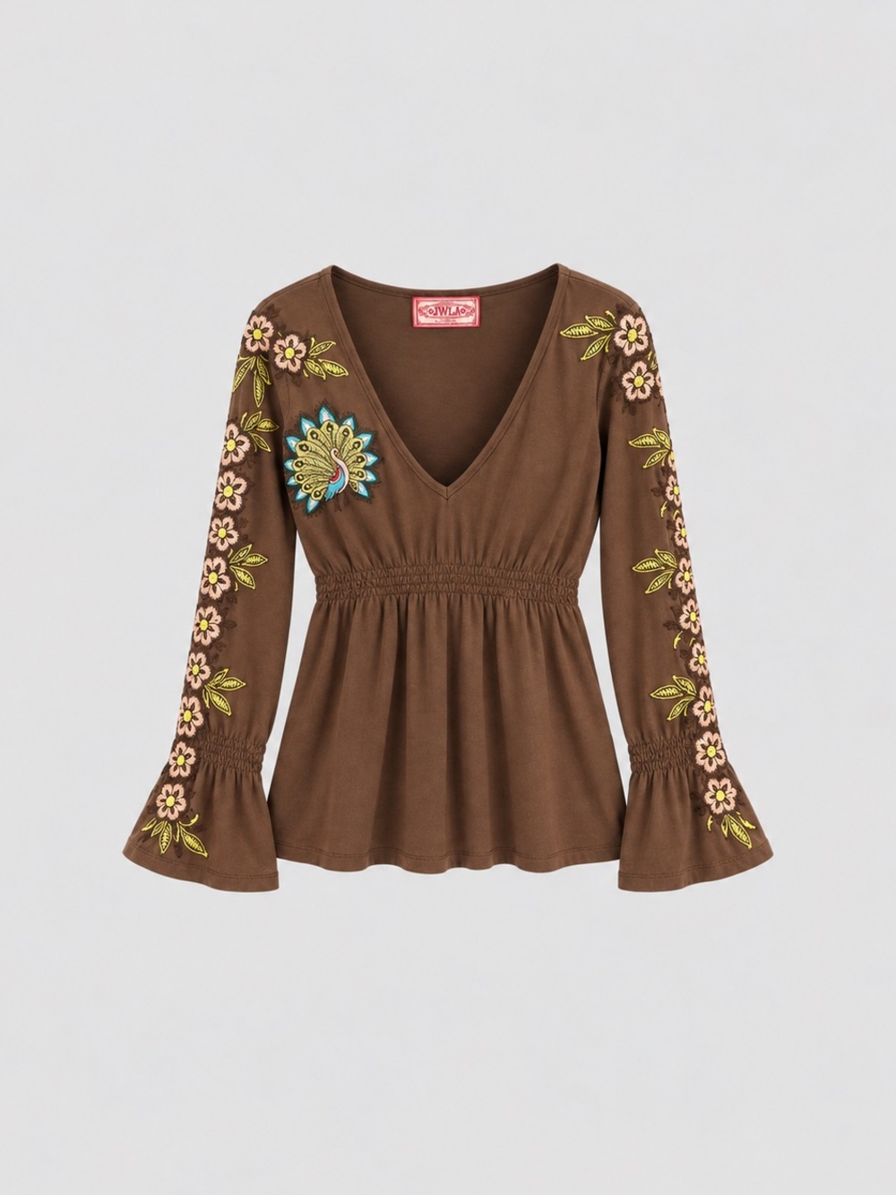 Embroidered Peplum V-Neck Tunic Top — Brown